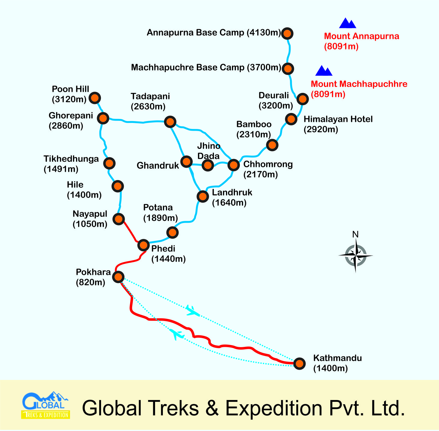 Map of Annapurna Base Camp Trek 12 Days